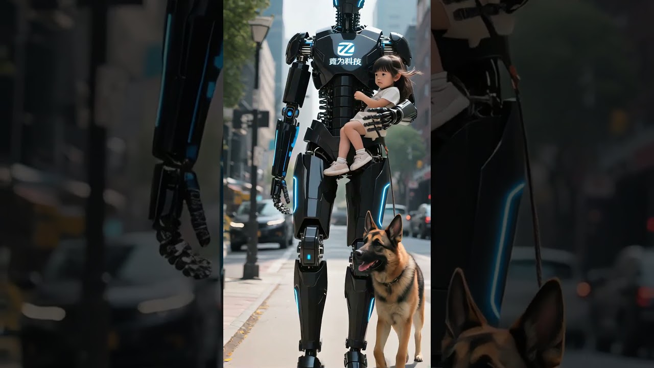 Humanoidalny robot niesie małą dziewczynkę – spacer po miejskiej ulicy